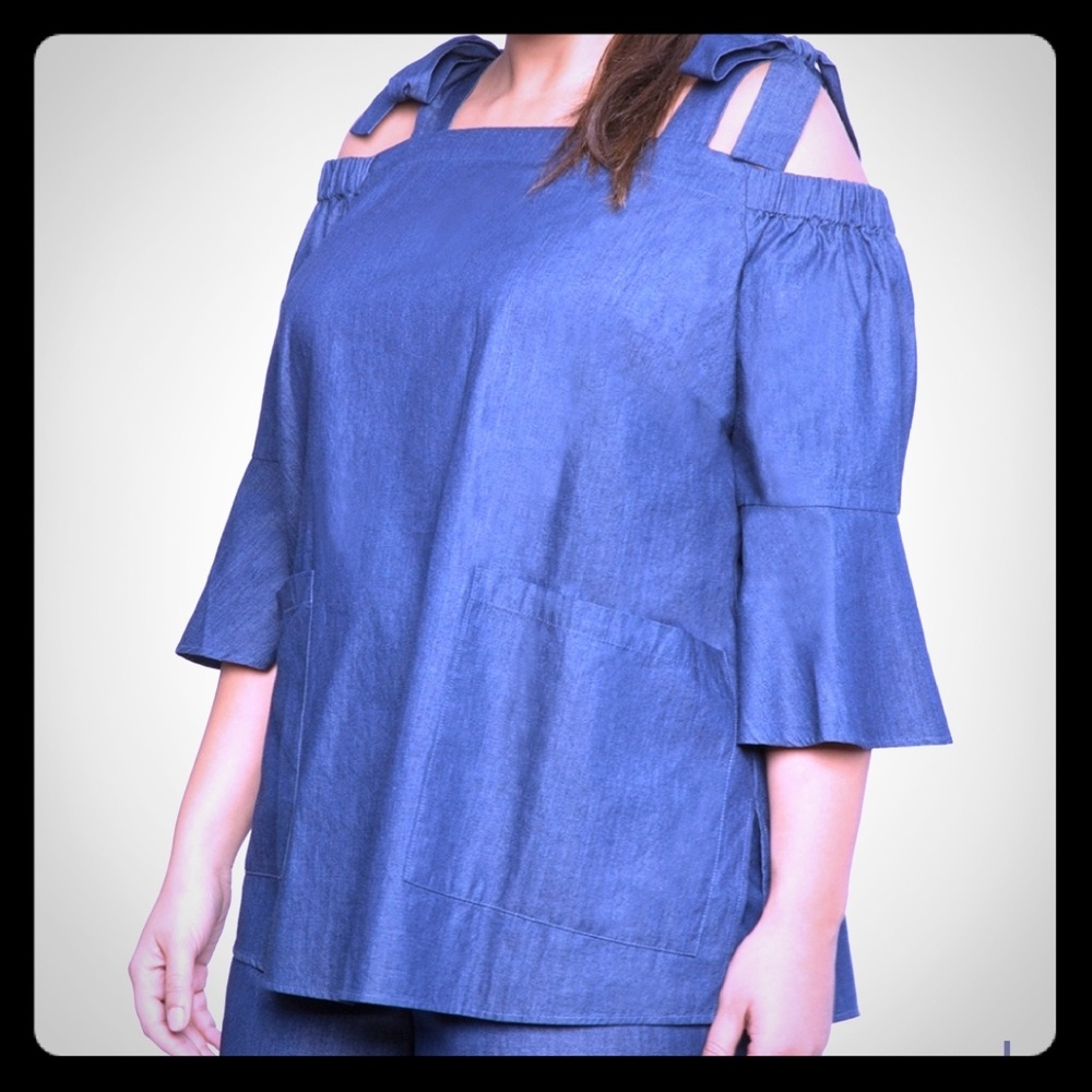 Denim eloquii cold shoulder top